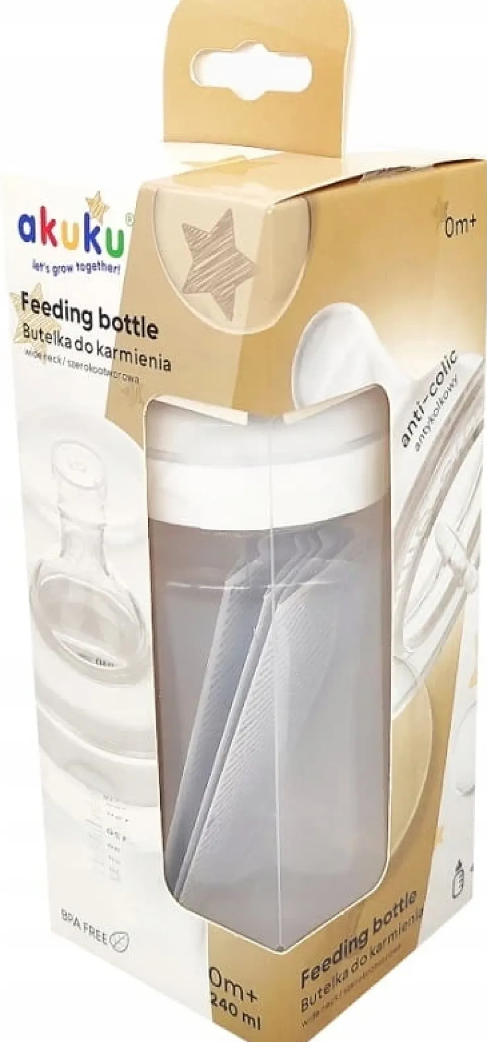 Akuku butelka szeroka antykolkowa smoczek 240ml 0m