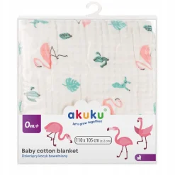 Akuku kocyk muślinowy otulacz ręcznik dla niemowląt 110x105cm flamingi