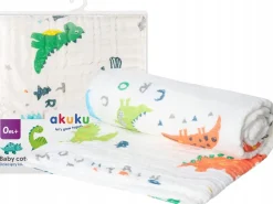 Akuku kocyk muślinowy otulacz ręcznik dla niemowląt 110x105cm dinozaury
