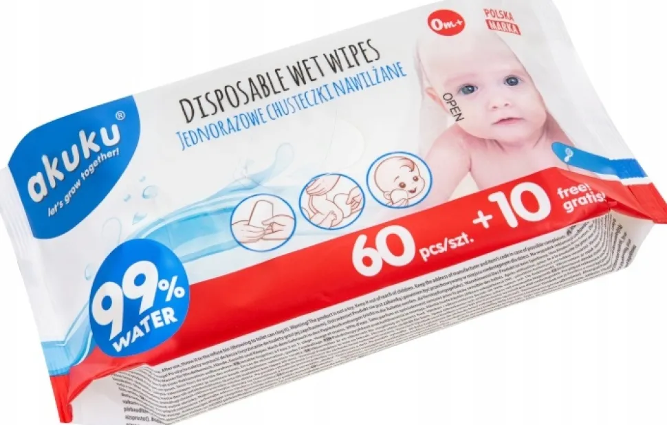Akuku mokre chusteczki w 99% nawilżane wodą 60+10