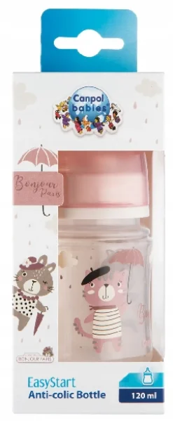 Canpol butelka szeroka 120ml bonjour pink +smoczek