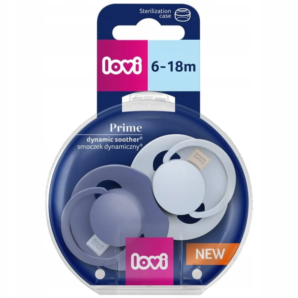 Lovi prime smoczek silikonowy dynamiczny 6-18m 2szt baby blue/blue+etui