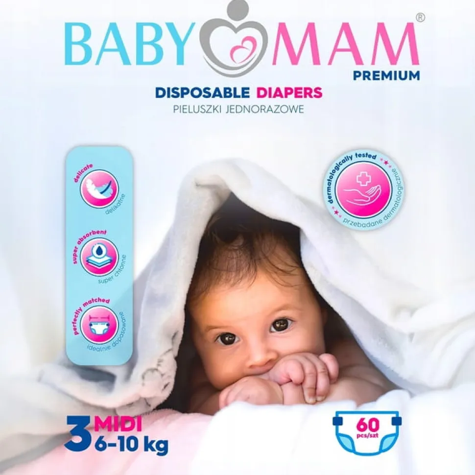 Pieluchy pieluszki jednorazowe babymam midi 3 (6-10kg) 60szt extra care