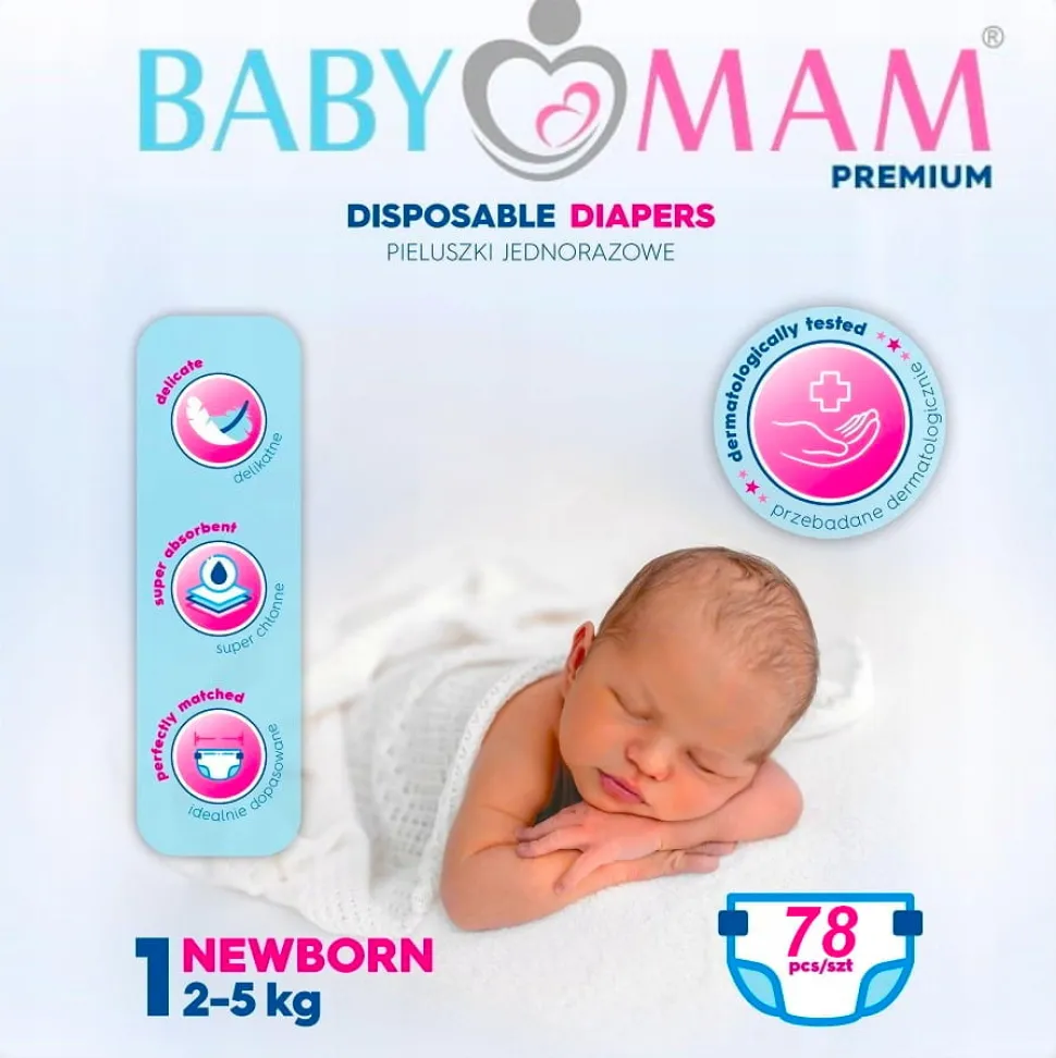 Pieluchy pieluszki jednorazowe babymam newborn 1 (2-5kg) 78szt extra care