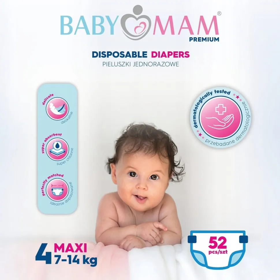 Pieluchy pieluszki jednorazowe babymam maxi 4 (7-14kg) 156szt extra care