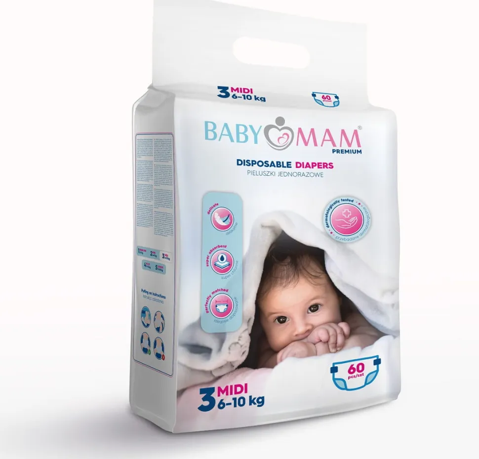 Pieluchy pieluszki jednorazowe babymam midi 3 (6-10kg) 180szt extra care